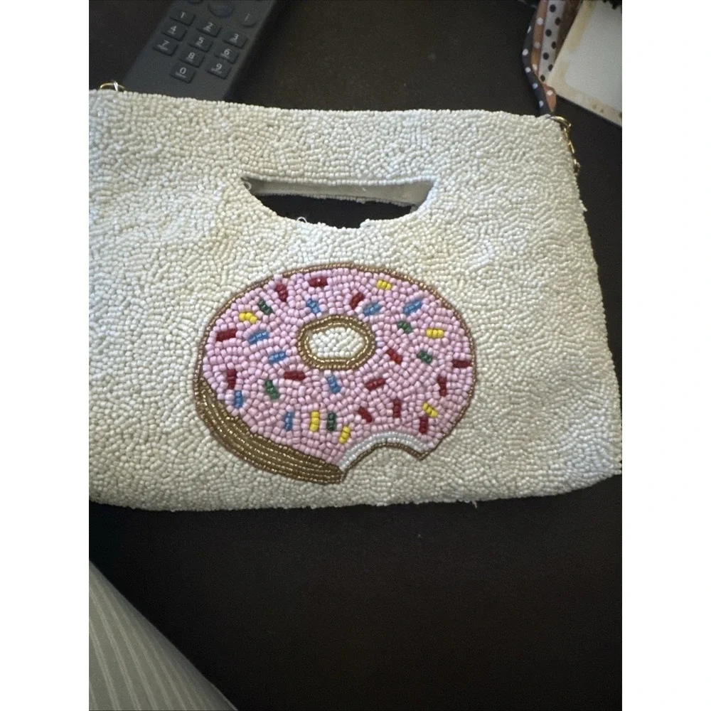 Rachel Zoe Beaded Donut Clutch‎ Cream Gold Chain Crossbody Novelty Bag NEW
